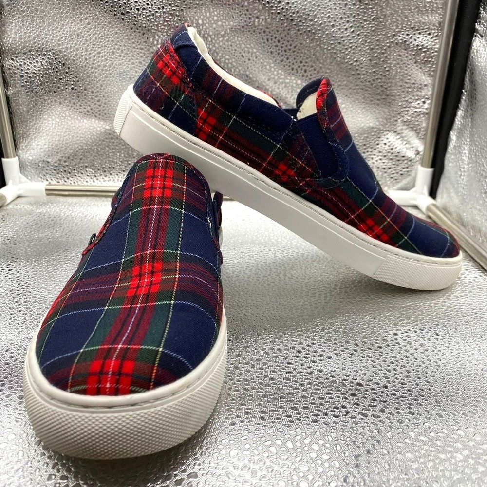 J Crew Tartan Slip On Road Trip Shoes Womens 7.5 Blue Red Low Top Sneakers BL576